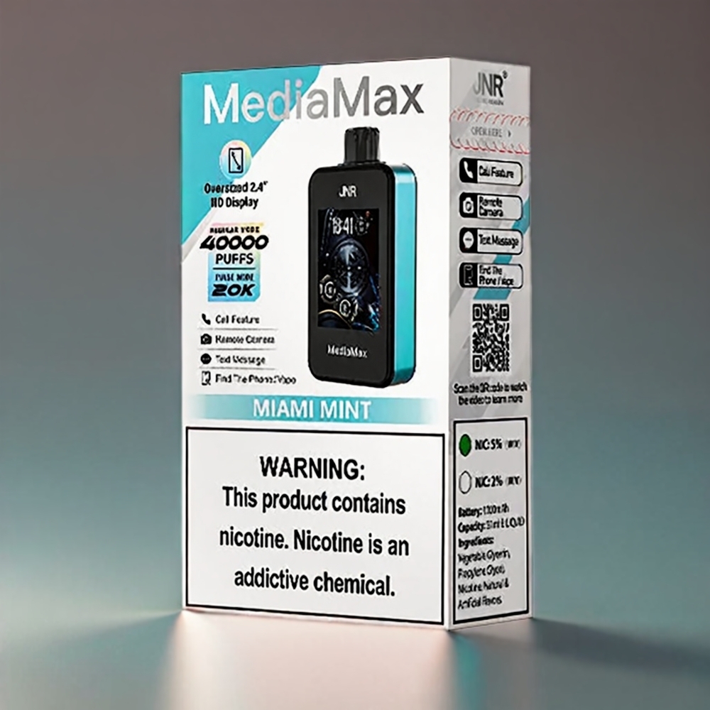 JNR MediaMax 40000 Puffs 21mL 1000mAh Dual Mesh Coil Miami Mynte 2.4'' HD Display Engros Danmark
