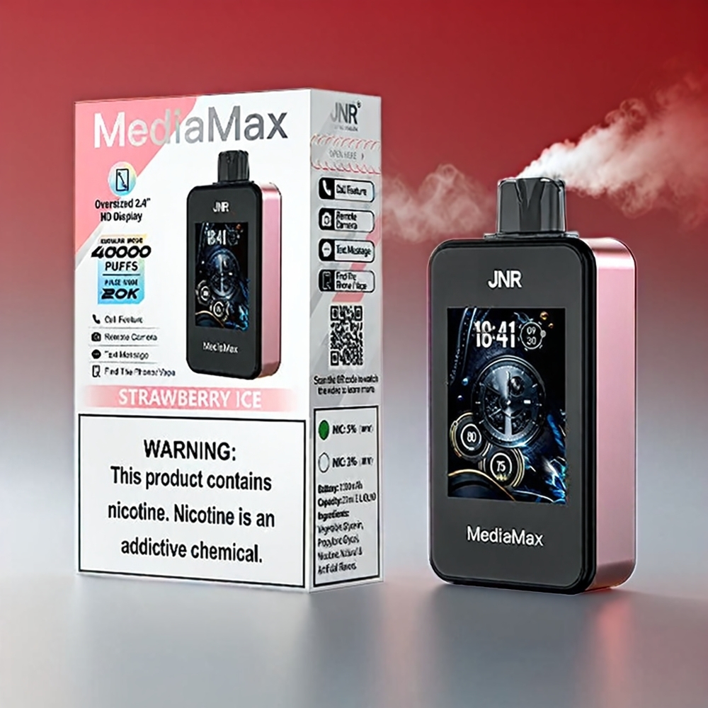 JNR MediaMax 40000 Puffs 21mL 5% Nicotin Jordbær 2.4'' HD Display Type-C 1000mAh Engros Danmark