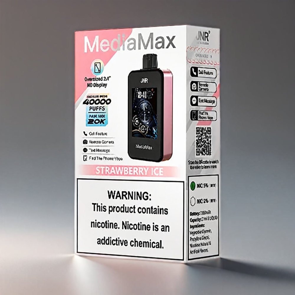 JNR MediaMax 40000 Puffs 21mL 5% Nicotin Jordbær 2.4'' HD Display Type-C 1000mAh Engros Danmark