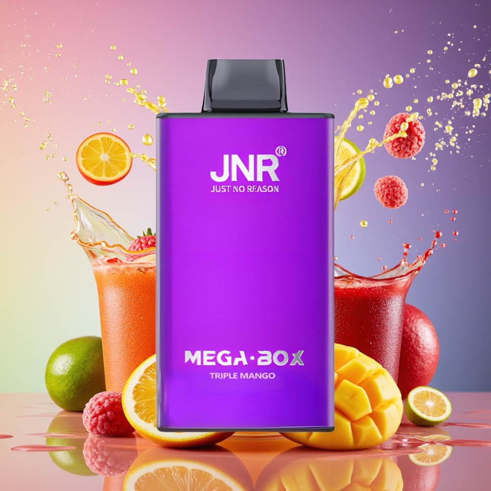JNR Mega Box 25000 Puffs Engangs E-løsning Triple Mango 30ml/850mAh/Dual Mesh/Dual Core/Type-C/57x30x114mm/2% Engros Danmark