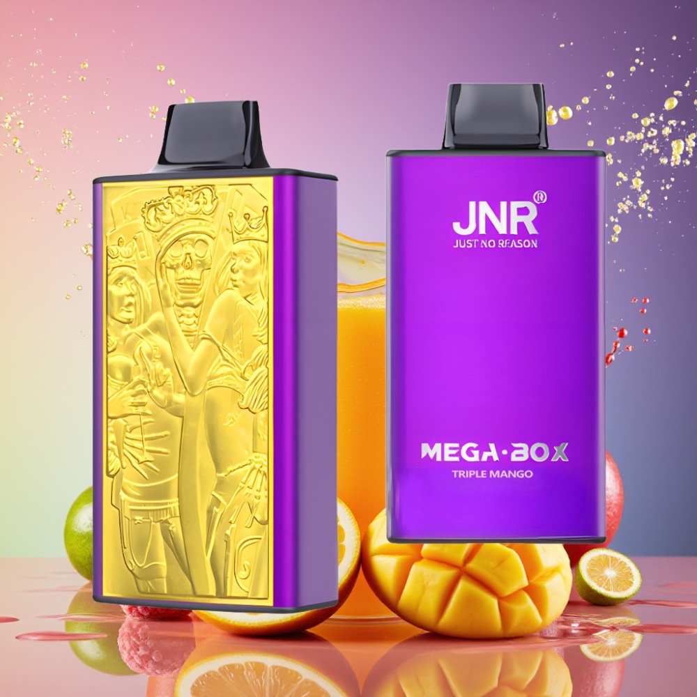 JNR Mega Box 25000 Puffs Engangs E-løsning Triple Mango 30ml/850mAh/Dual Mesh/Dual Core/Type-C/57x30x114mm/2% Engros Danmark