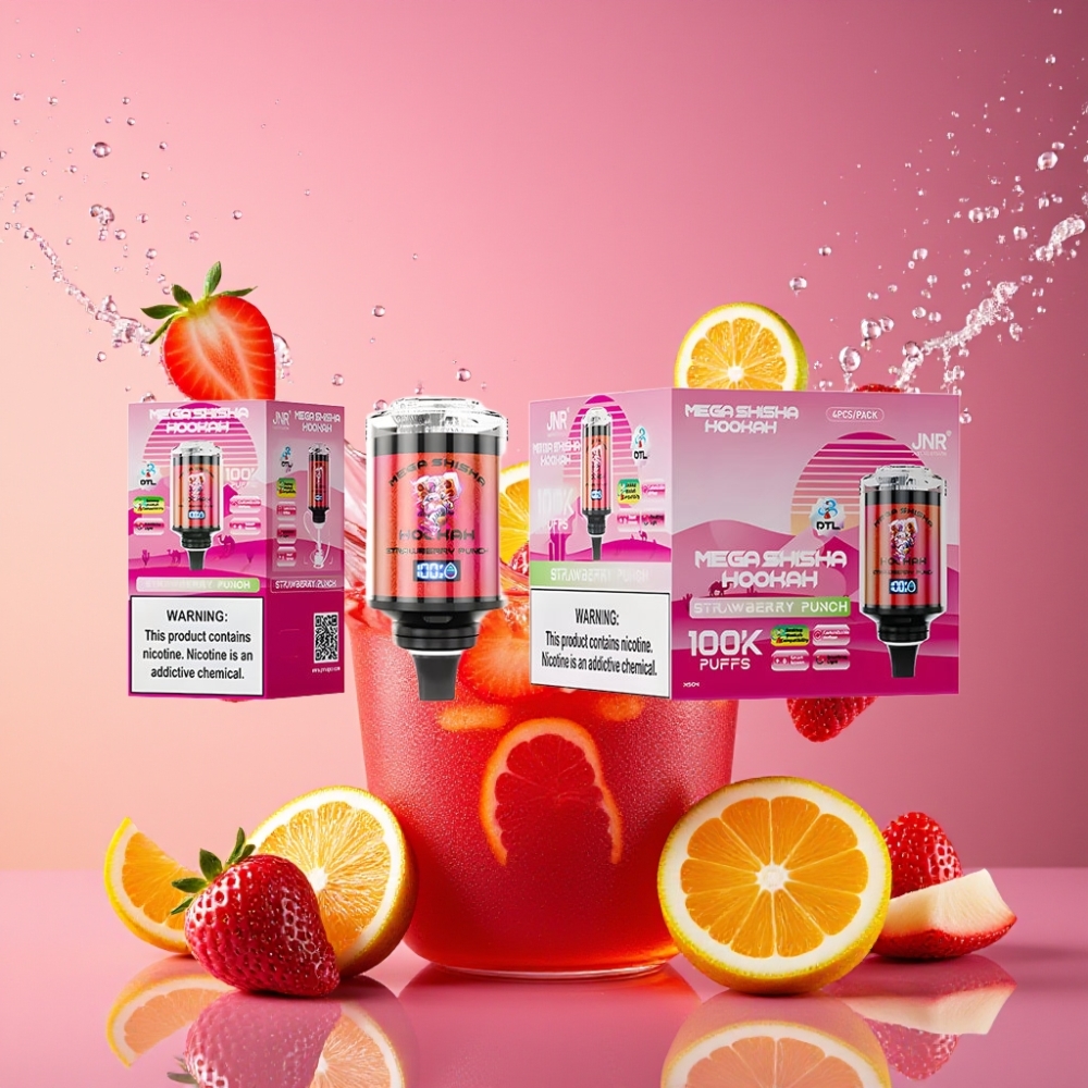 JNR Mega Shisha Hookah 100K 60ml 2200mAh Smart Skærm Type-C Jordbær Punch Engros Danmark