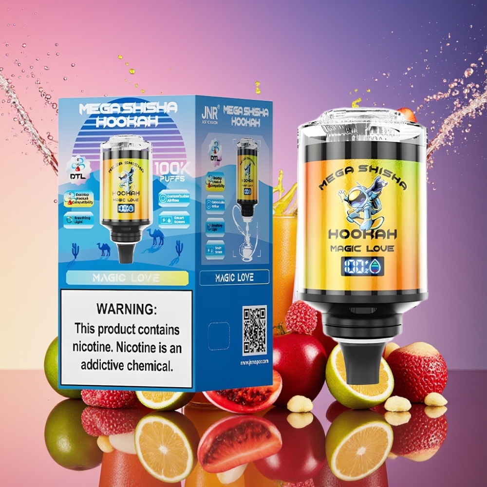 JNR Mega Shisha Hookah 100K 60ml 2200mAh Type-C Lys Skærm Justerbar Luftflow 2% Nikotin Engros Danmark