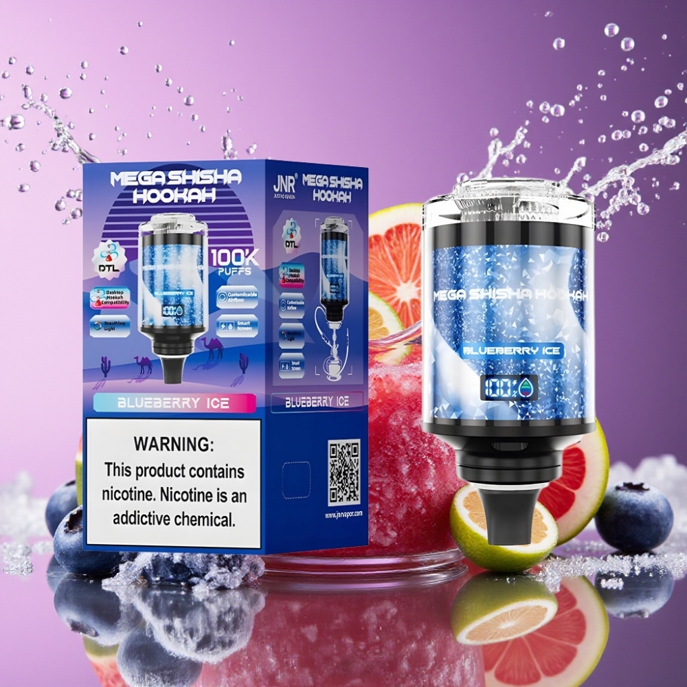 JNR Mega Shisha Hookah 100K 60ml 2200mAh Type-C Smart Skærm Blåbær Is Engros Danmark