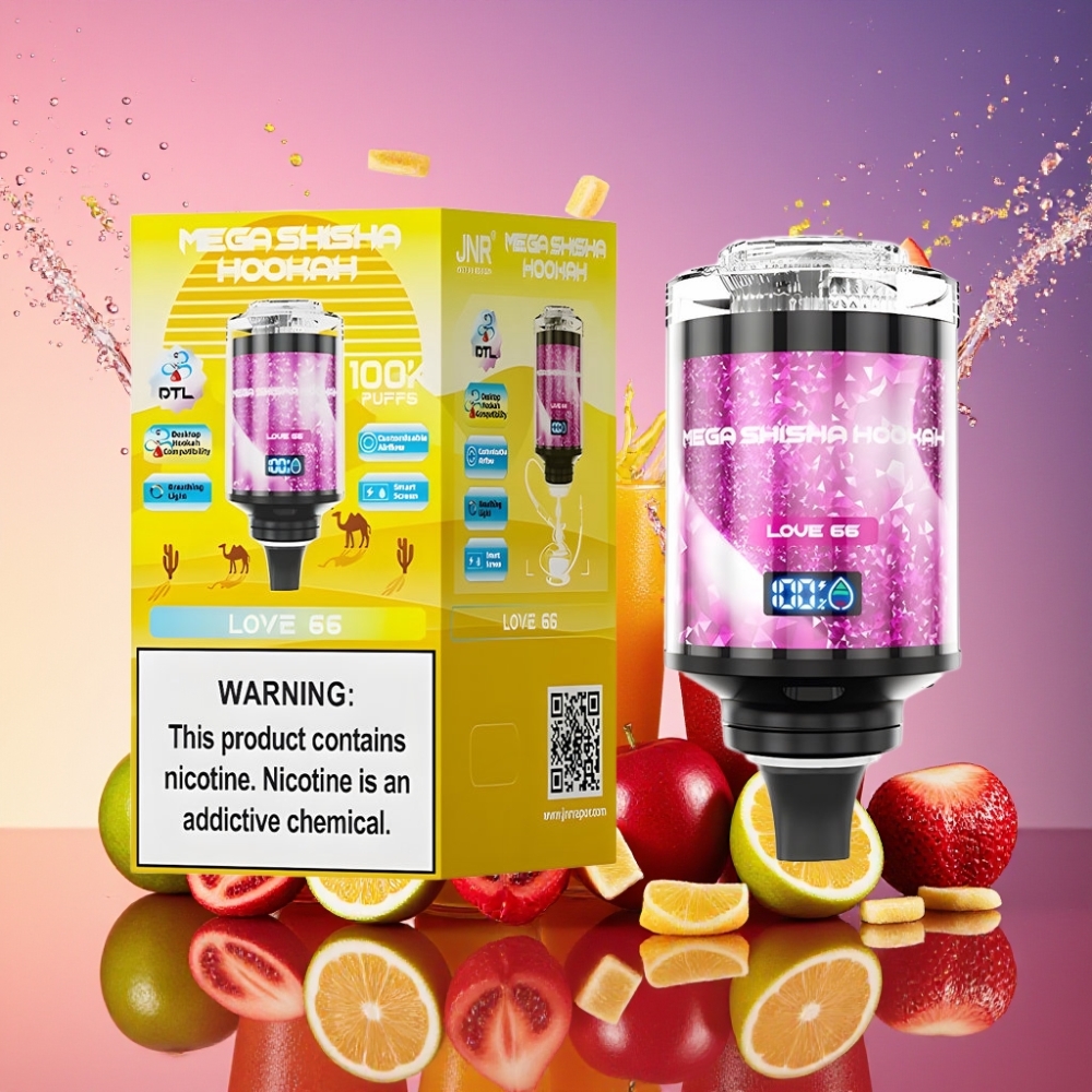 JNR Mega Shisha Hookah 100K 66000 puff 60ml 2200mAh Type-C Luftstrøm Lys Skærm Engros Danmark