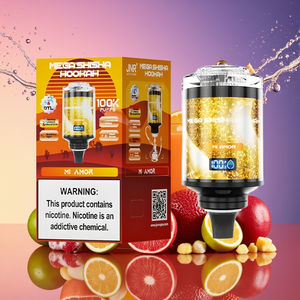 JNR Mega Shisha Hookah 100K 70.2mm 270mm 143.2mm 60ml 2200mAh Type-C Luftstrømsjustering 2% Mi Amor Engros Danmark