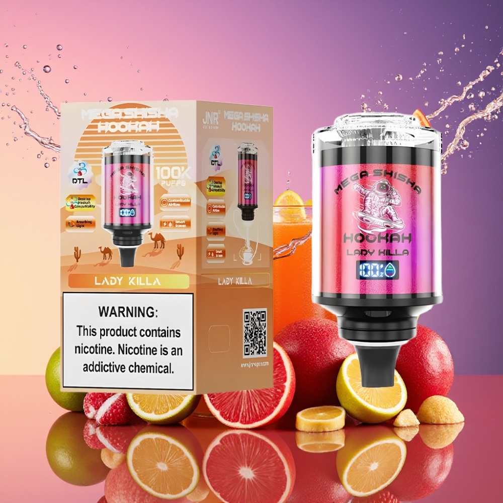 JNR Mega Shisha Hookah 100K 70.2mm 270mm 143.2mm 60ml 2200mAh Type-C Lys Skærm Luftflow 2% Engros Danmark