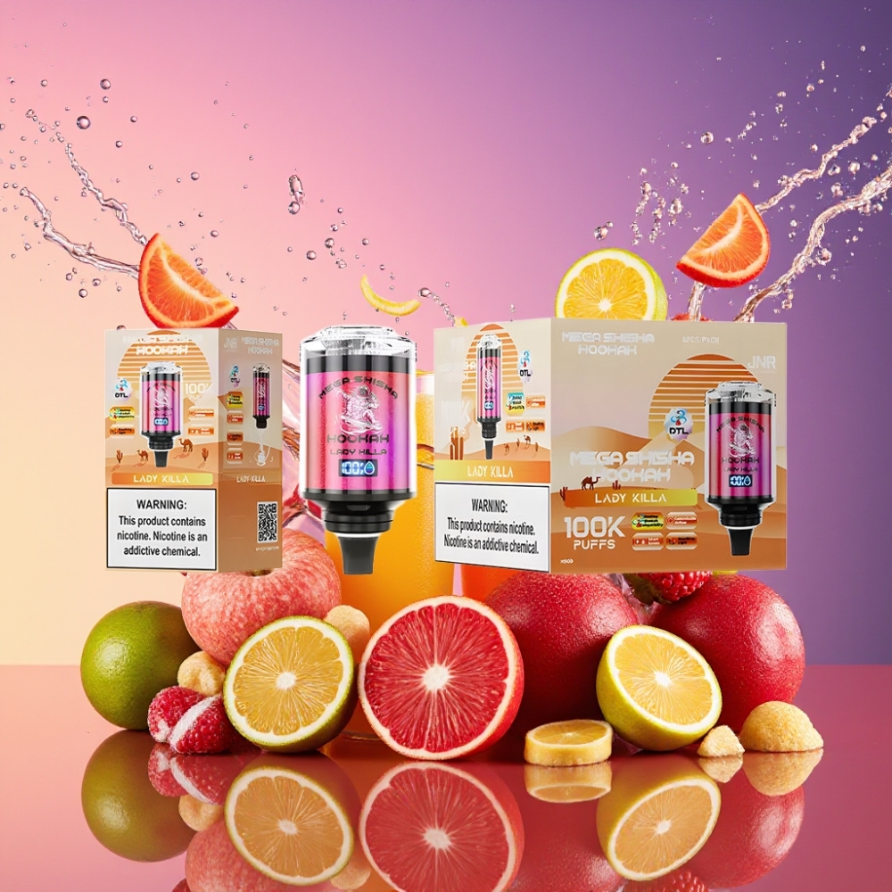 JNR Mega Shisha Hookah 100K 70.2mm 270mm 143.2mm 60ml 2200mAh Type-C Lys Skærm Luftflow 2% Engros Danmark