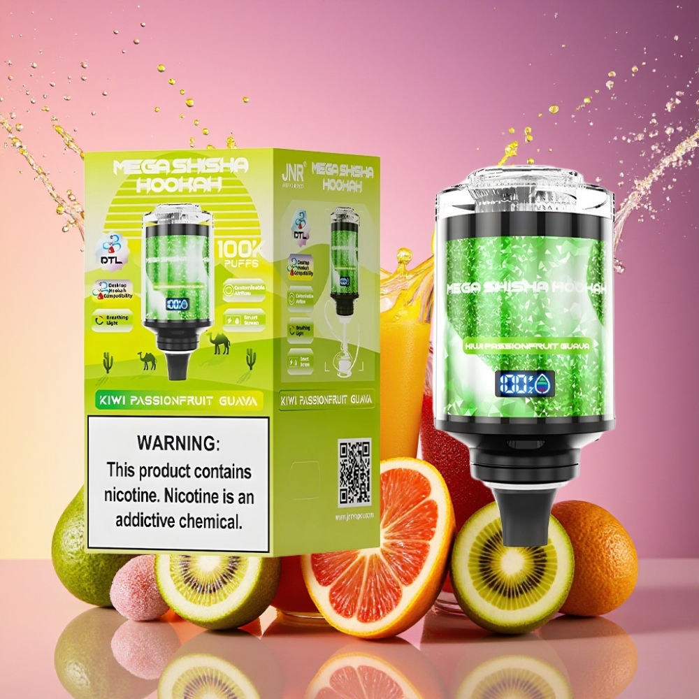 JNR Mega Shisha Hookah 100K Desktop 70.2mm 270mm 143.2mm 2200mAh Type-C Kiwi Passionsfrugt Guava Engros Danmark