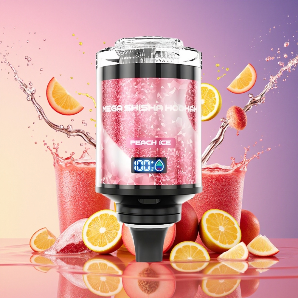 JNR Mega Shisha Hookah 100K Skærm Interaktiv Smart Justerbar Luftgennemstrømning 2200mAh Type-C Hurtigopladning 60ml 2% Nikotin Fersken Is Engros Danmark