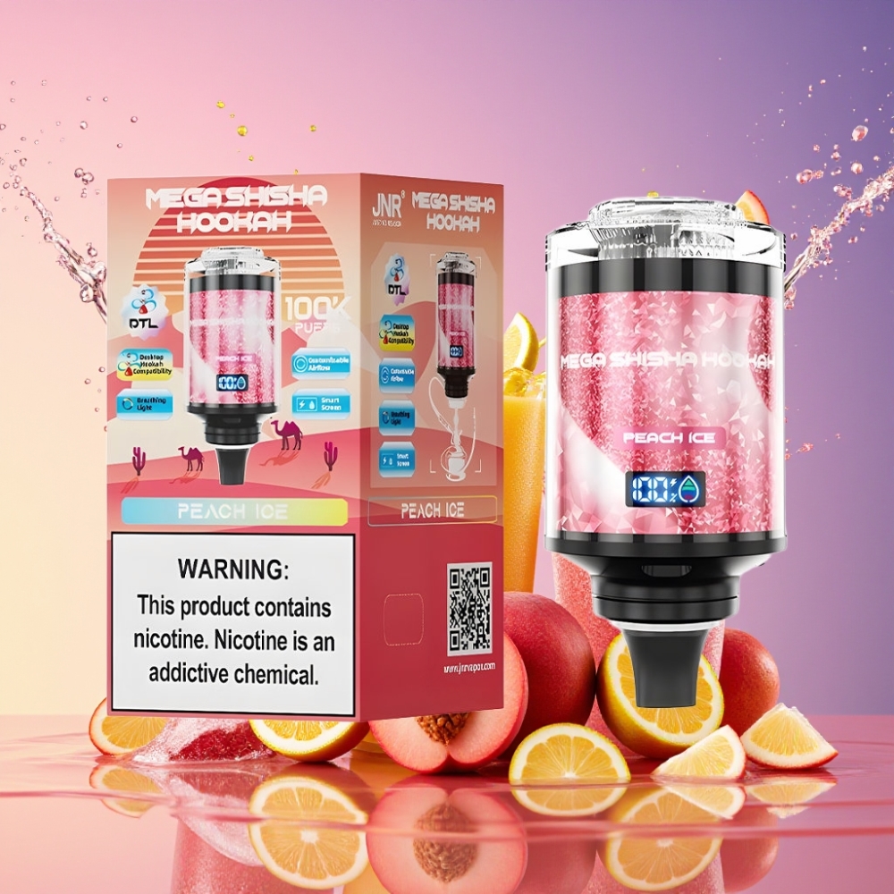 JNR Mega Shisha Hookah 100K Skærm Interaktiv Smart Justerbar Luftgennemstrømning 2200mAh Type-C Hurtigopladning 60ml 2% Nikotin Fersken Is Engros Danmark