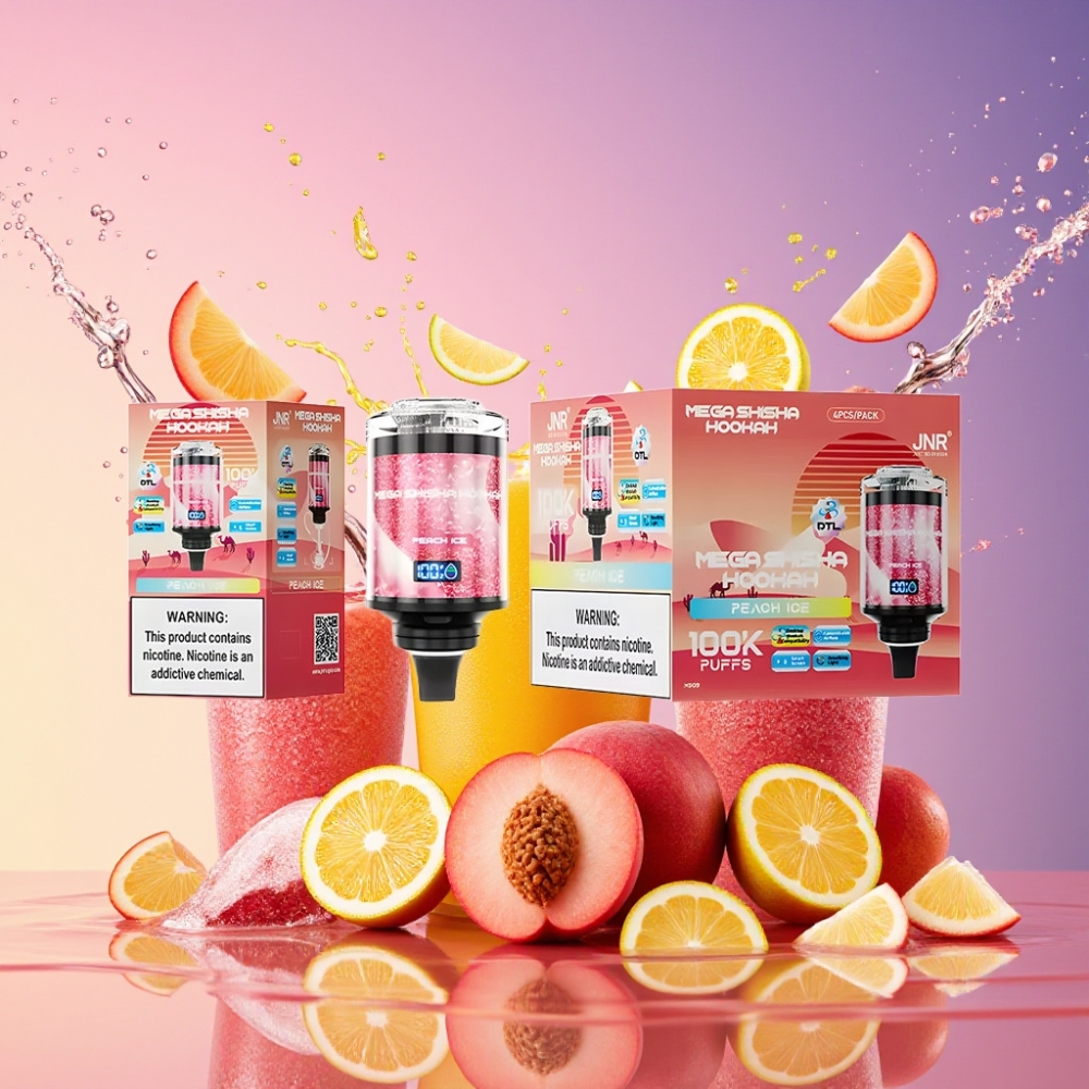 JNR Mega Shisha Hookah 100K Skærm Interaktiv Smart Justerbar Luftgennemstrømning 2200mAh Type-C Hurtigopladning 60ml 2% Nikotin Fersken Is Engros Danmark