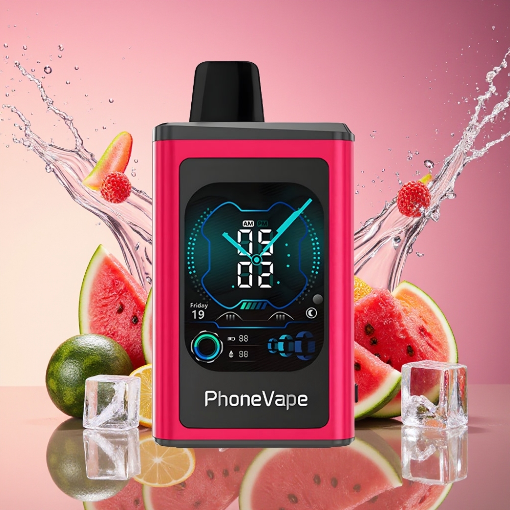 JNR PhoneVape 30000 puff Genopladelig Vape Vandmelon Is 850mAh Turbo Mode Justerbar Luftflow App Styret Opkald & Tekst Fjernkamera Låsetilstand Fuld Skærm 2% 5% Nicotin Engros Danmark