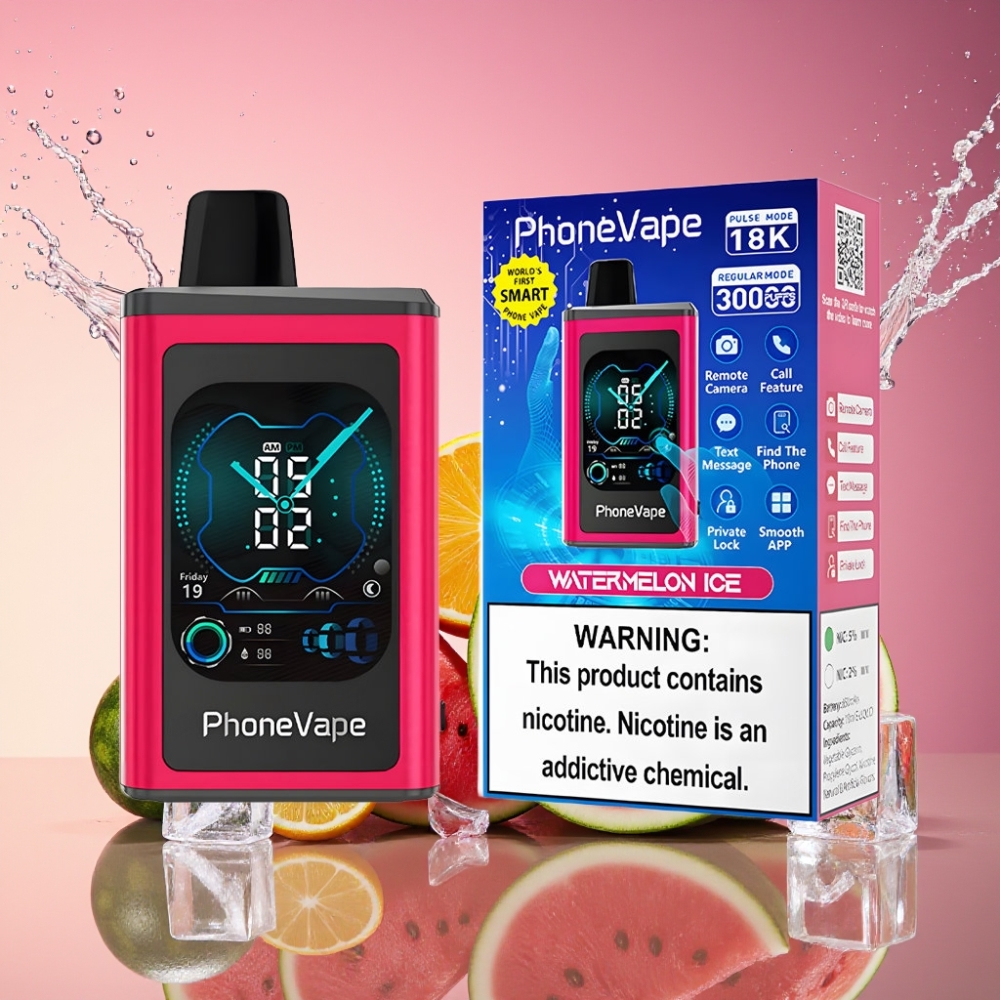 JNR PhoneVape 30000 puff Genopladelig Vape Vandmelon Is 850mAh Turbo Mode Justerbar Luftflow App Styret Opkald & Tekst Fjernkamera Låsetilstand Fuld Skærm 2% 5% Nicotin Engros Danmark