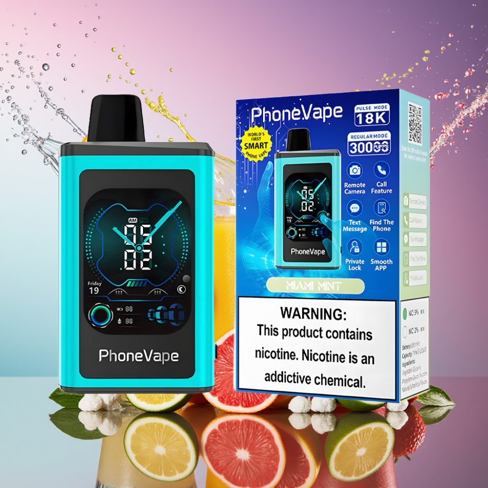 JNR PhoneVape 30000 puff Turbo Luftstrøm Justerbar App Styret Opkald Tekst Fjernkamera Låsetilstand Fuld Skærm 850mAh Type-C Genopladelig Batteri Nikotinstyrke 2% 5% Miami Mynte Engros Danmark