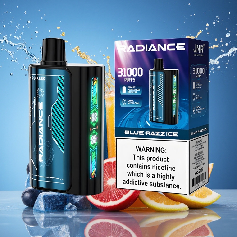 JNR Radiance 31000 Puffs Disposable Vape Blå Hindbær Is 28ml Dual Mesh 950mAh Type-C 2% Engros Danmark