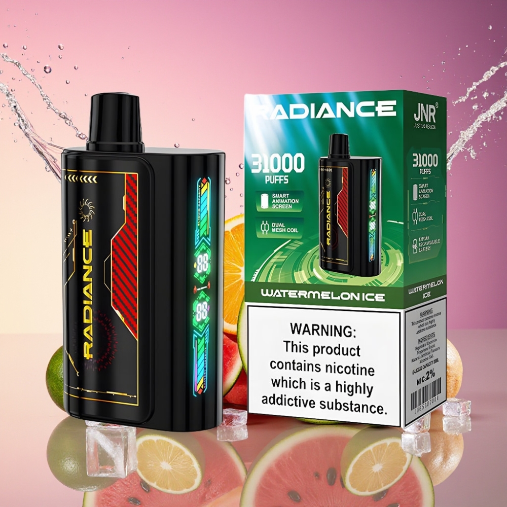 JNR Radiance 31000 Puffs Engangs Vape Vandmelon Is med 28ml E-væske, Smart Animation Screen, Dual Mesh Coil, 950 mAh Genopladelig Batteri, Type-C Opladningsport, Nikotinindhold 2% Engros Danmark