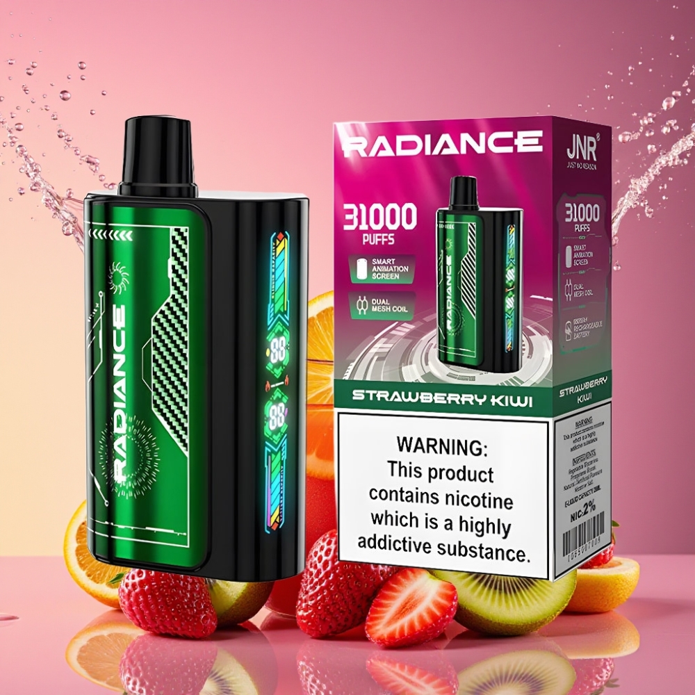 JNR Radiance 31000 Pust Engangs Vape Jordbær Kiwi 28ml Dual Mesh 950 mAh Type-C 2% Engros Danmark