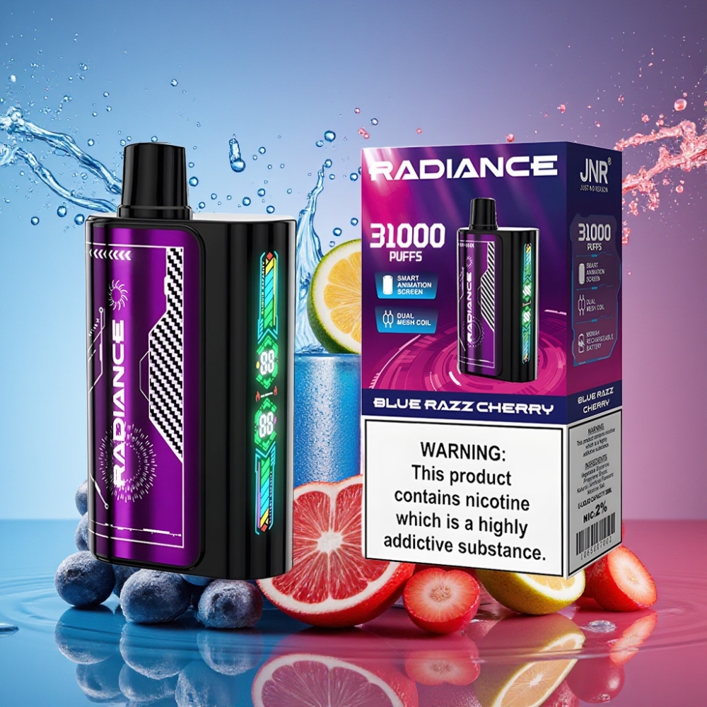 JNR Radiance 31000 Pust Smart Animation Skærm Dual Mesh Coil Type-C 950 mAh 28ml Blå Hindbær Kirsebær 2% Engros Danmark