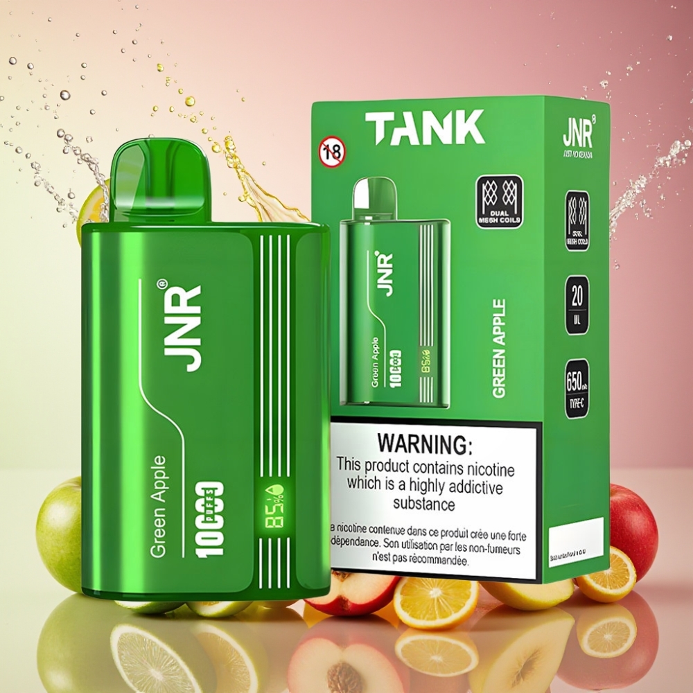 JNR Tank 10000 Puffs Justerbar Luftstrøm Digital Display Dual Mesh Coil Type-C Hurtigopladning Grøn Æble Fersken Pære 54mmx33mmx100mm 650mAh 20ml Engros Danmark