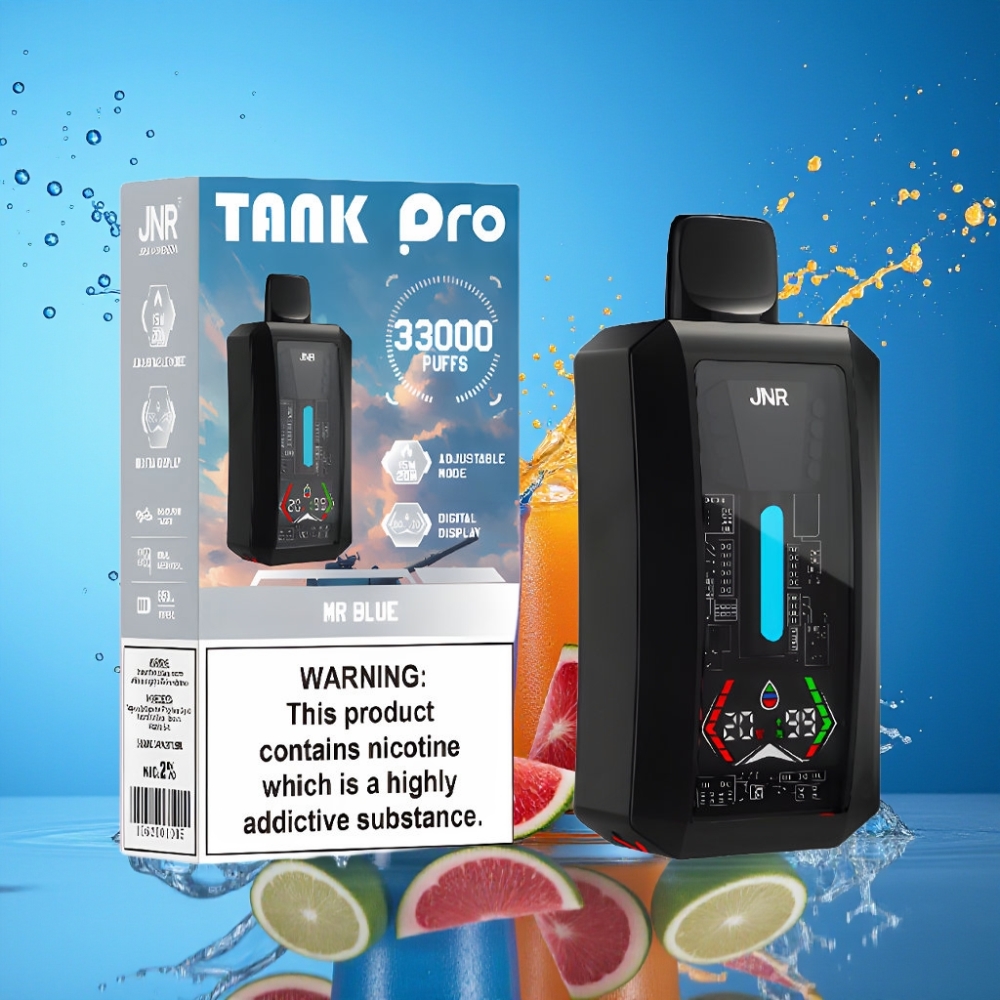 JNR Tank Pro 33000 Puds Digital Display Dual Mesh Coil 28ml 2% Nikotin Herr Blå 850mAh Type-C Engros Danmark