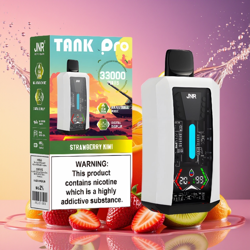 JNR Tank Pro 33000 Puffs Digital Display Dual Mesh Coil Jordbær Kiwi 28ml e-Liquid 850mAh Type-C Engros Danmark