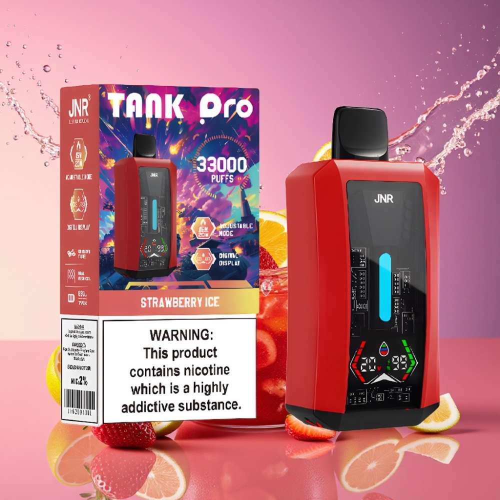JNR Tank Pro 33000 Puffs Engangs Vape Jordbær Is 28ml 2% Nikotin Digital Display Dual Mesh Coil 15W/20W 850mAh Type-C Engros Danmark