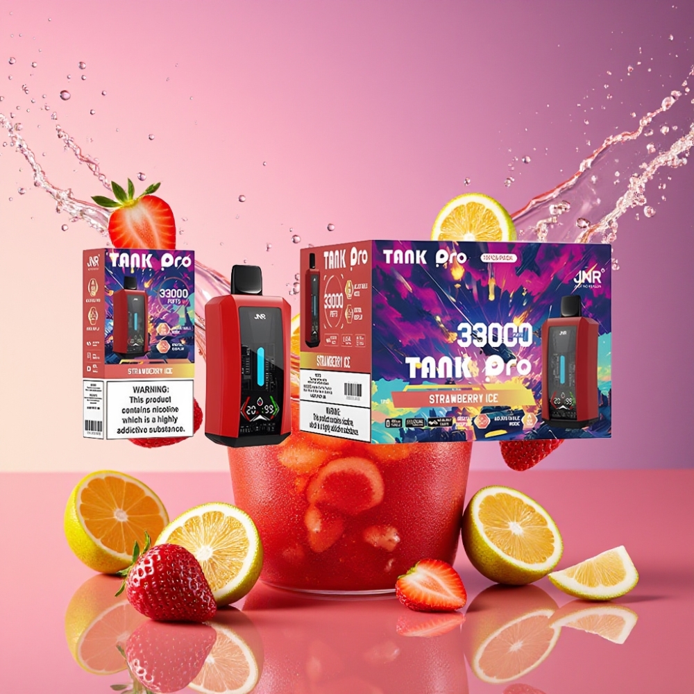 JNR Tank Pro 33000 Puffs Engangs Vape Jordbær Is 28ml 2% Nikotin Digital Display Dual Mesh Coil 15W/20W 850mAh Type-C Engros Danmark