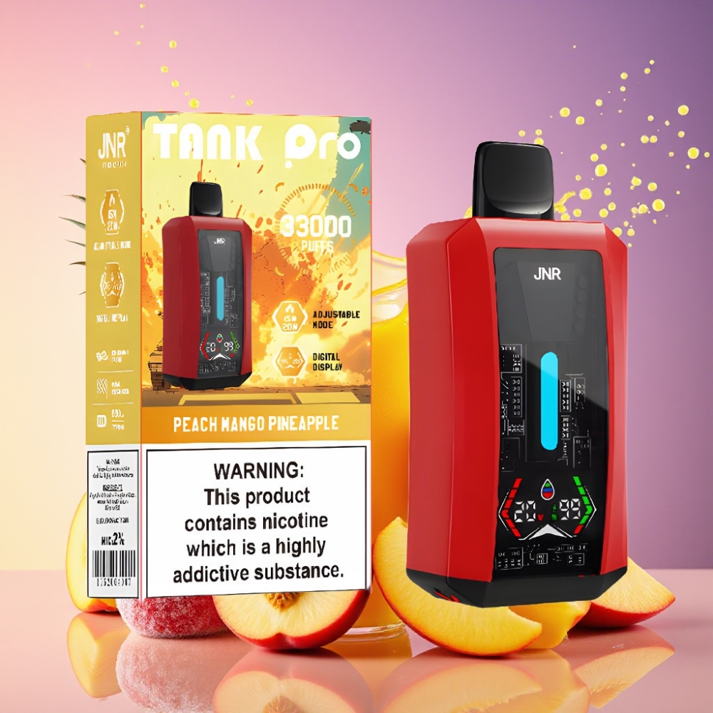 JNR Tank Pro 33000 Puffs Peach Mango Ananas 28ml Digital Display Dual Mesh Coil 850mAh Type-C 2% Engros Danmark