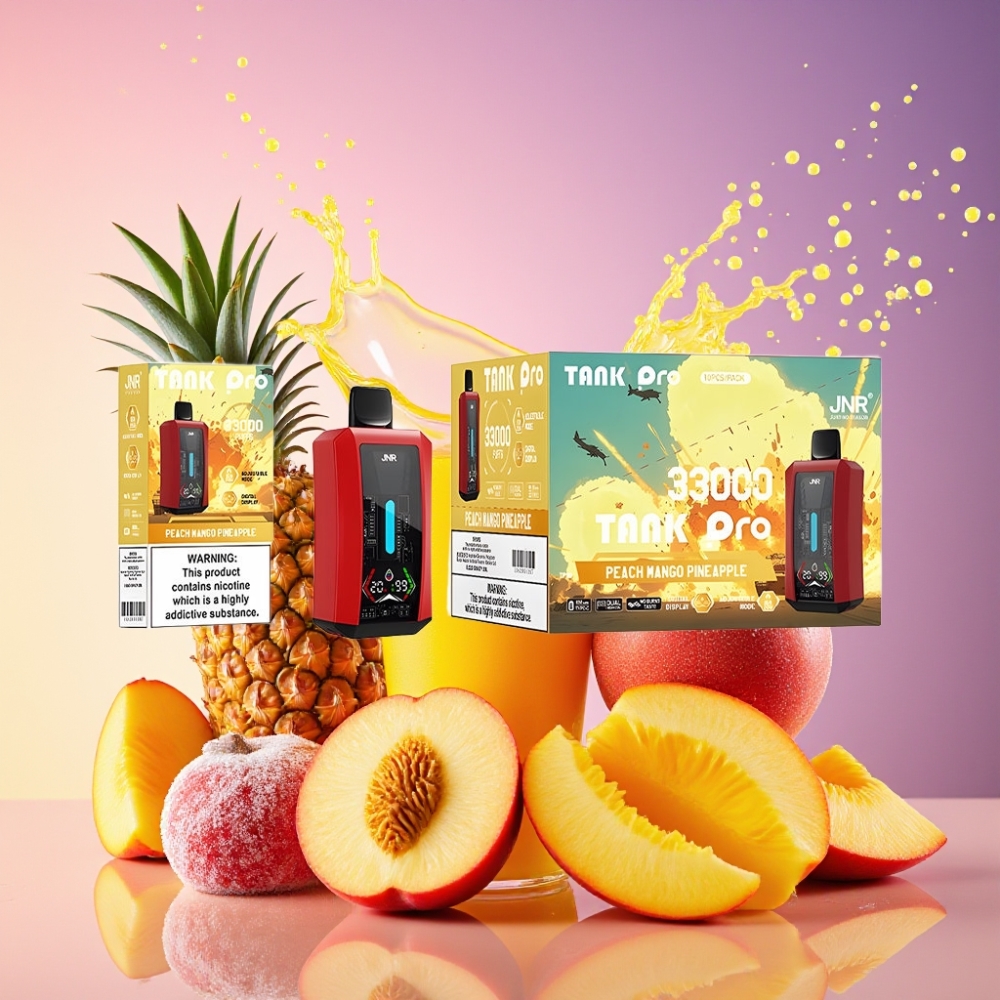 JNR Tank Pro 33000 Puffs Peach Mango Ananas 28ml Digital Display Dual Mesh Coil 850mAh Type-C 2% Engros Danmark