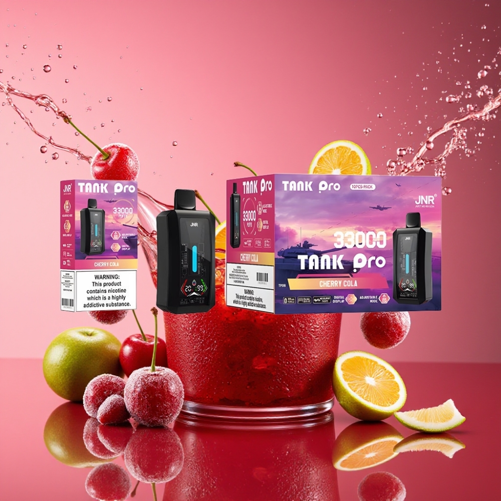 JNR Tank Pro 33000 Pust Digital Display Dual Mesh Coil 15W/20W 850mAh Type-C 2 % Kirsebær Cola Engros Danmark