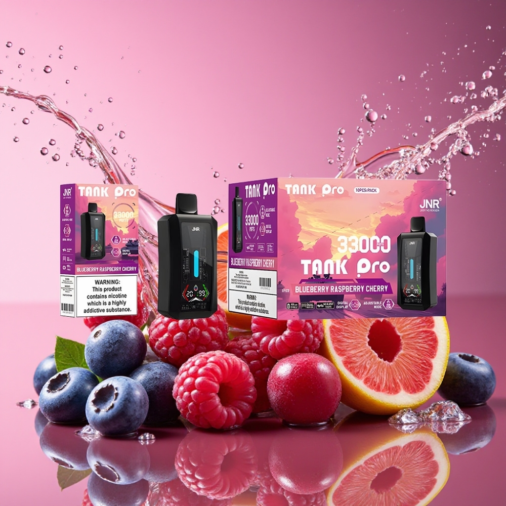 JNR Tank Pro 33000 Pust Digital Display Dual Mesh Coil Blåbær Hindbær Kirsebær 28ml e-Liquid 850mAh Type-C 2% Engros Danmark