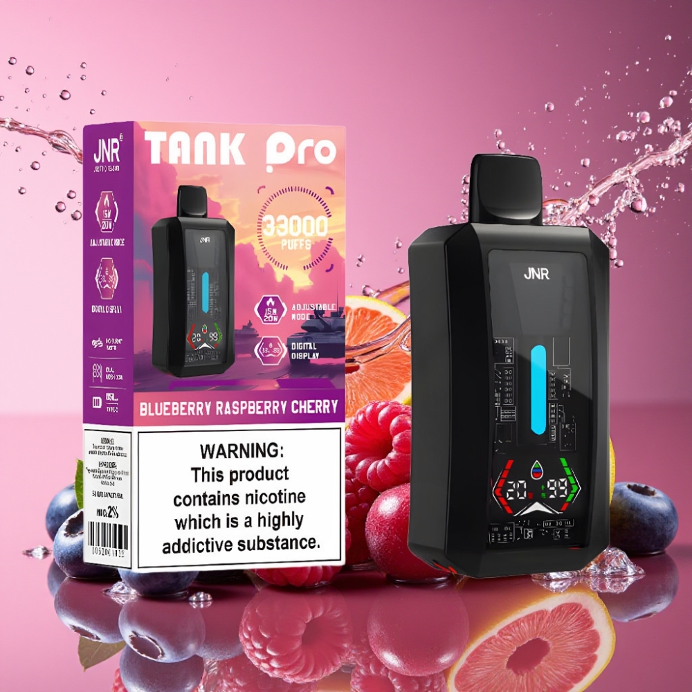 JNR Tank Pro 33000 Pust Digital Display Dual Mesh Coil Blåbær Hindbær Kirsebær 28ml e-Liquid 850mAh Type-C 2% Engros Danmark