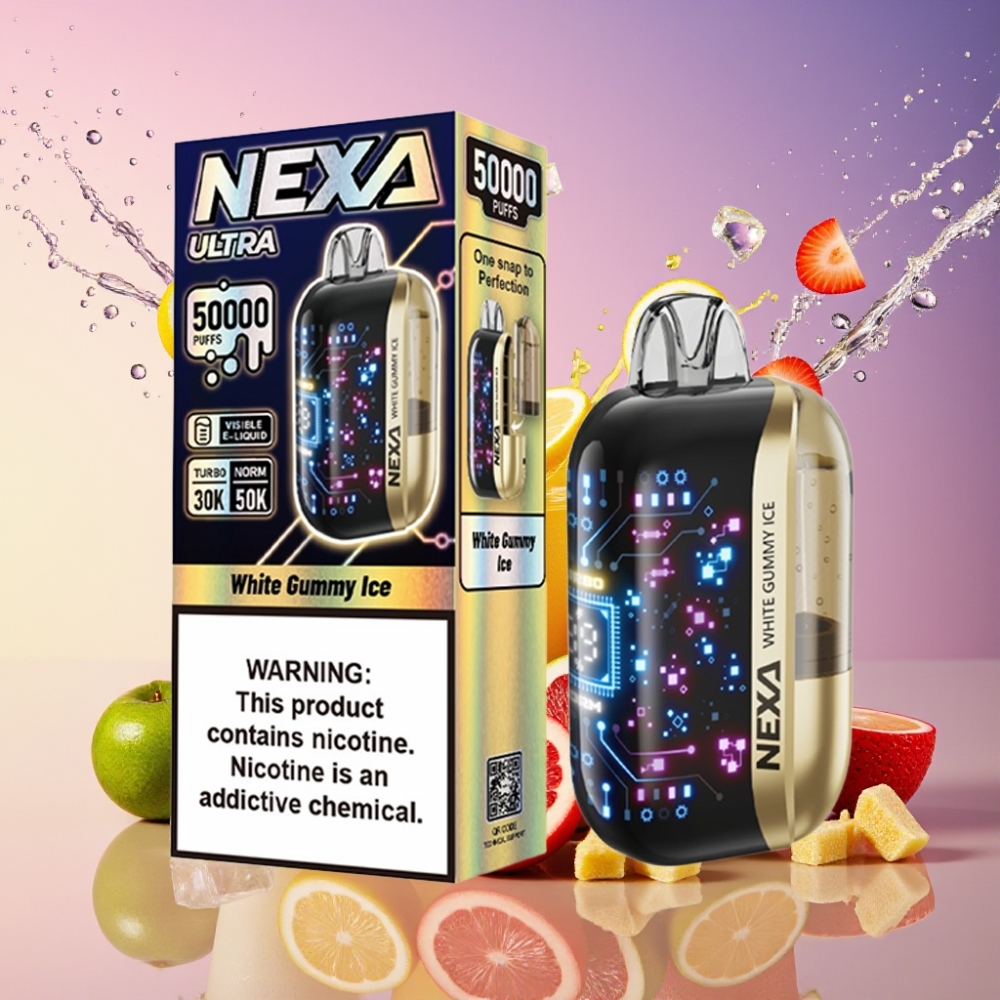 NEXA Ultra 50000 Puffs Hvid Gummy Is Disposable Vape 20ml 800mah 5% 0.9ohm Dual Mesh 3d Curved Screen Type-c Engros Danmark