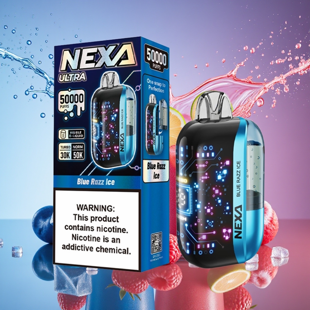 NEXA Ultra 50000 Pust Blå Hindbær Is 20ml 800mAh 5% 0.9ohm Dual Mesh 3D Skærm Type-C Engros Danmark