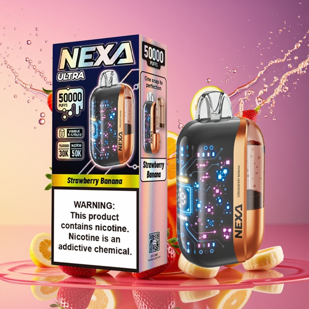 NEXA Ultra 50000 Pust Jordbær Banan 20ml 800mAh 5% 0.9ohm Dual Mesh 3D Skærm Type-C Engros Danmark