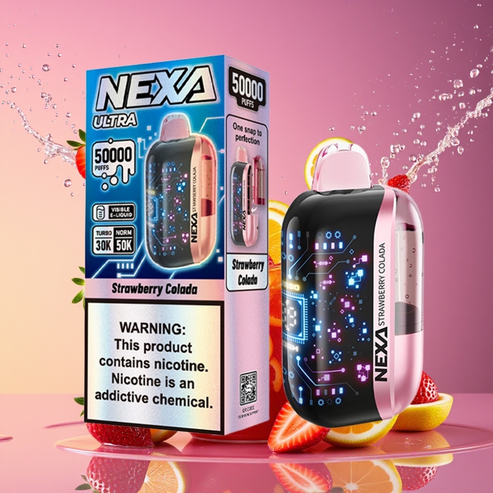 NEXA Ultra 50000 Pust Jordbær Colada 20ml 800mAh 5% 0.9ohm 3D Skærm Type-C Engros Danmark