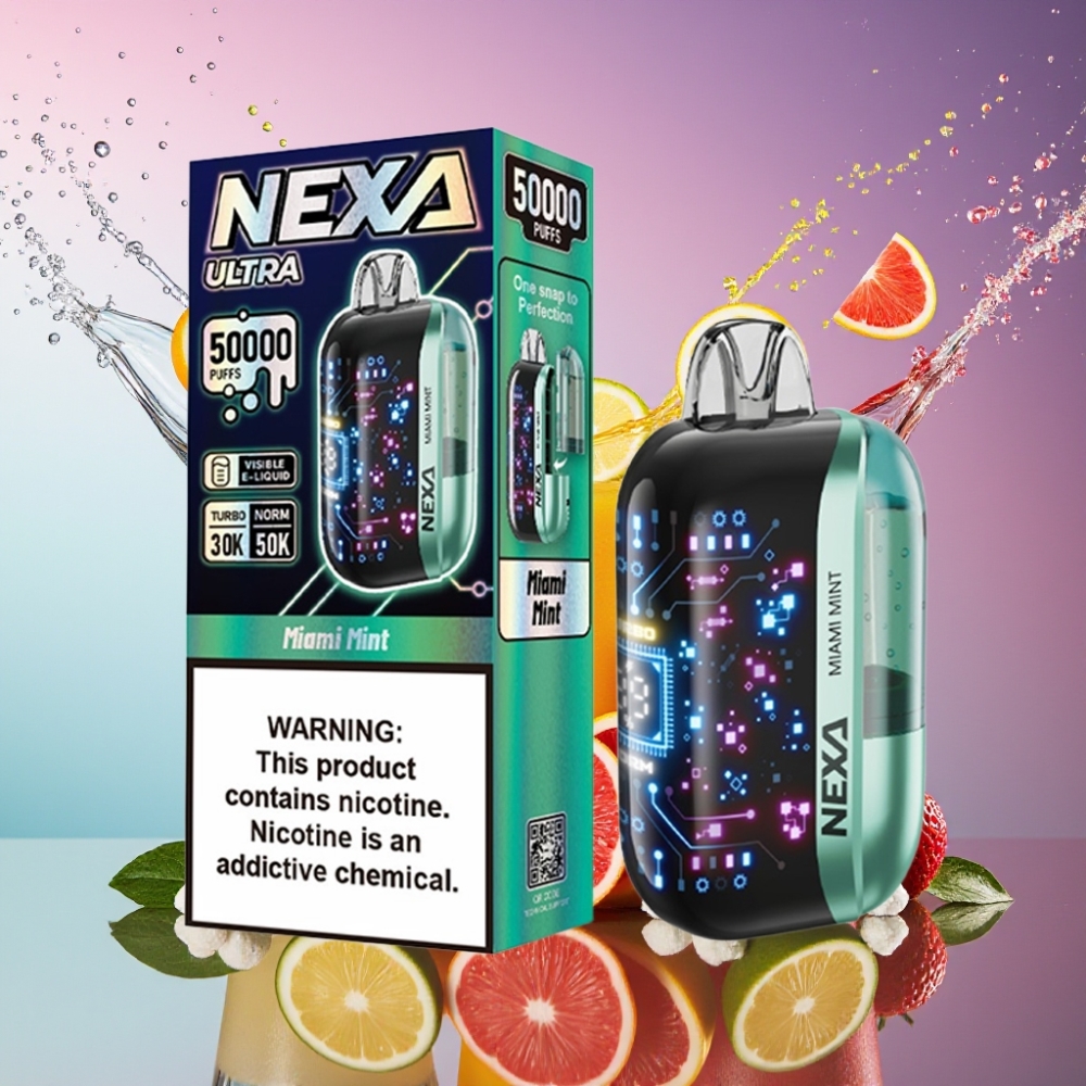 NEXA Ultra 50000 Pust Miami Mynte 20ml 800mAh 5% 0.9ohm Dual Mesh Skærm Type-C Engros Danmark
