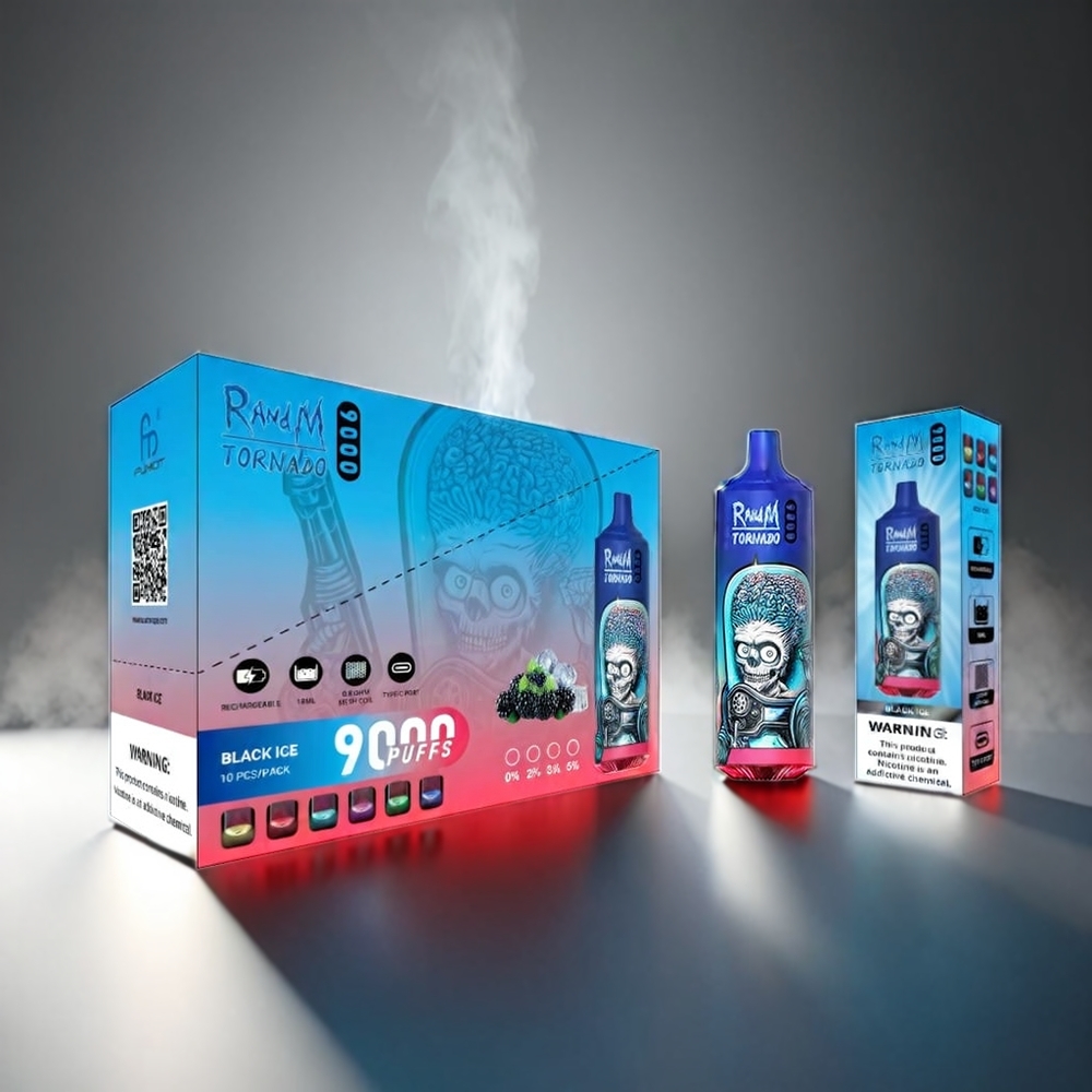 Fumot RandM Tornado 9000 Puffs 18 mL Mesh Coil 850 mAh RGB Display 54 Smagsvarianter Sort Engros Danmark