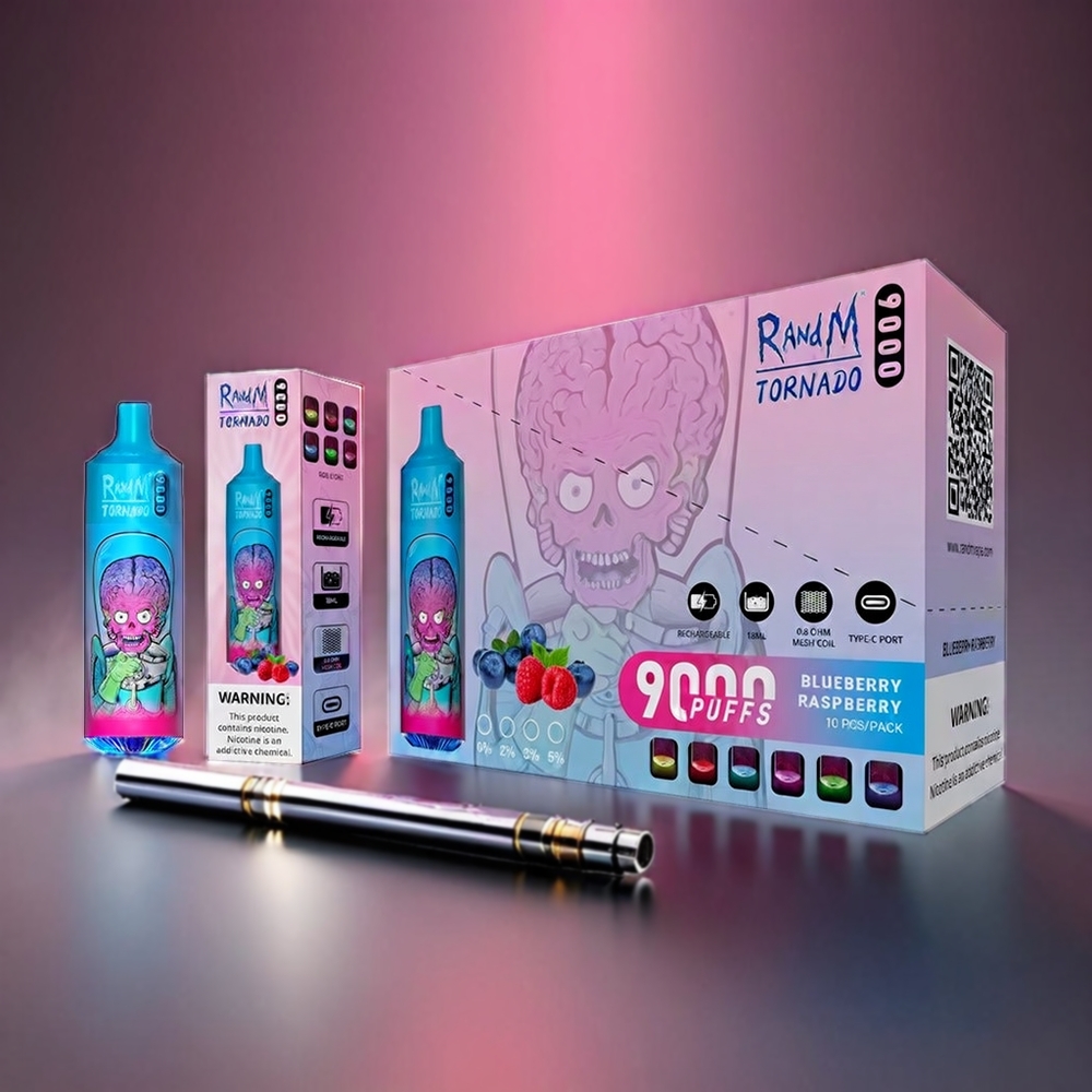 Fumot RandM Tornado 9000 Puffs 54 Smage Blåbær Hindbær Mesh Coil 18 mL 850 mAh RGB Display Engros Danmark
