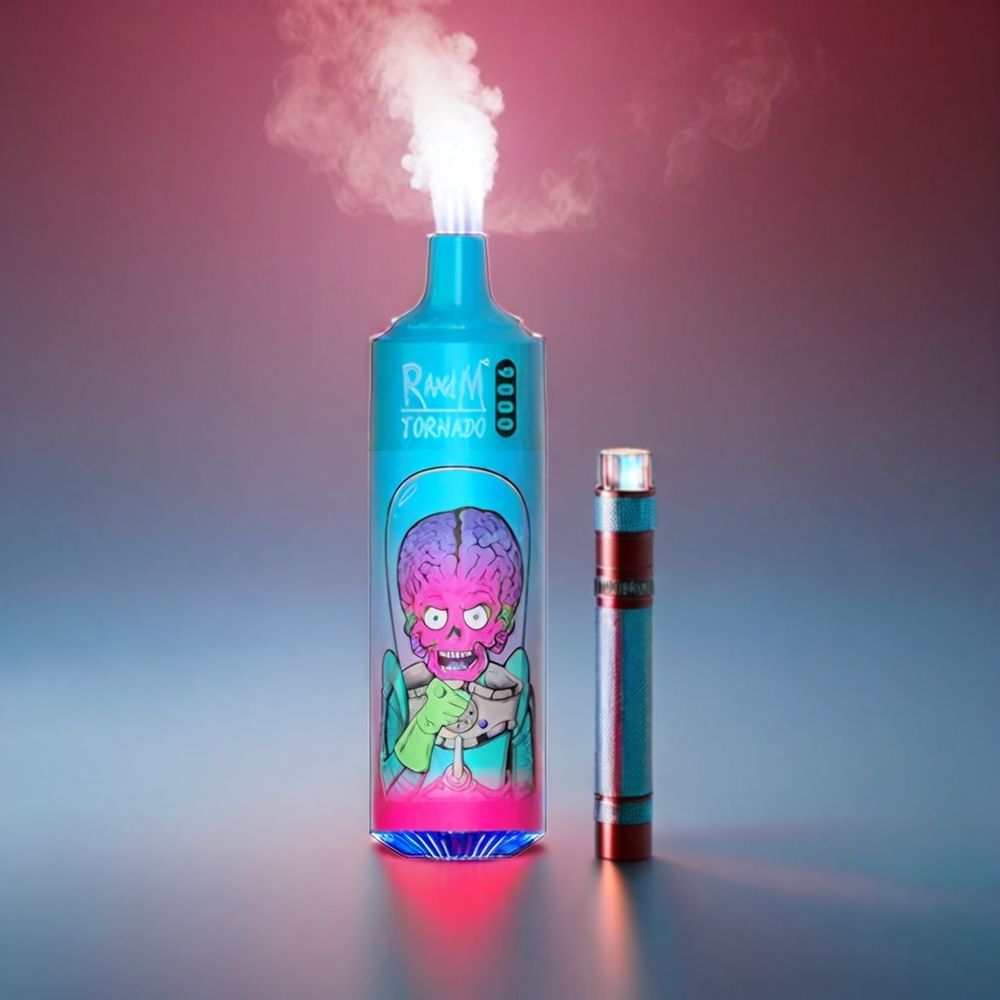 Fumot RandM Tornado 9000 Puffs 54 Smage Blåbær Hindbær Mesh Coil 18 mL 850 mAh RGB Display Engros Danmark
