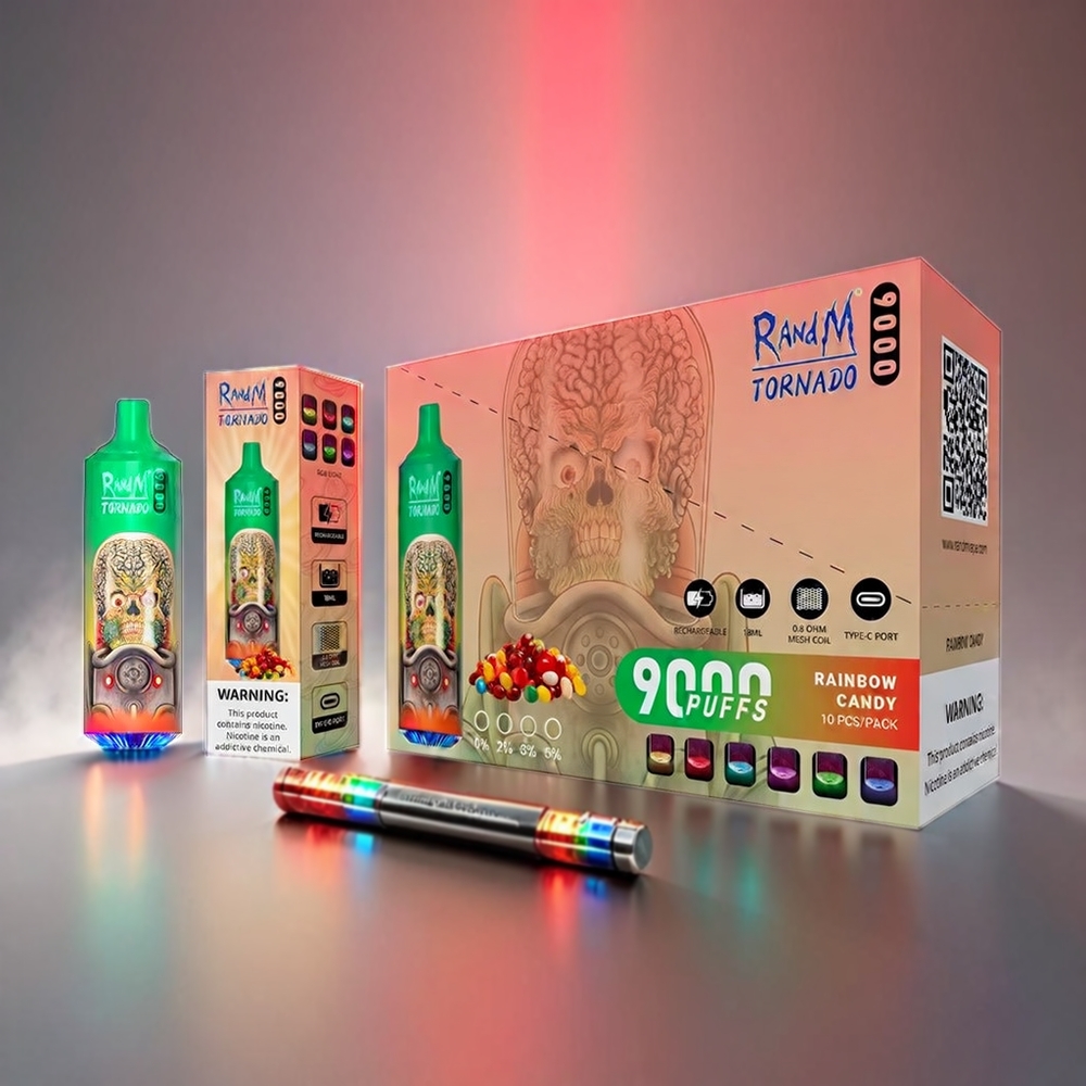 Fumot RandM Tornado 9000 Puffs 850 mAh 18 mL Mesh Coil RGB Display 54 Smaglge Regnbue Slik Engros Danmark
