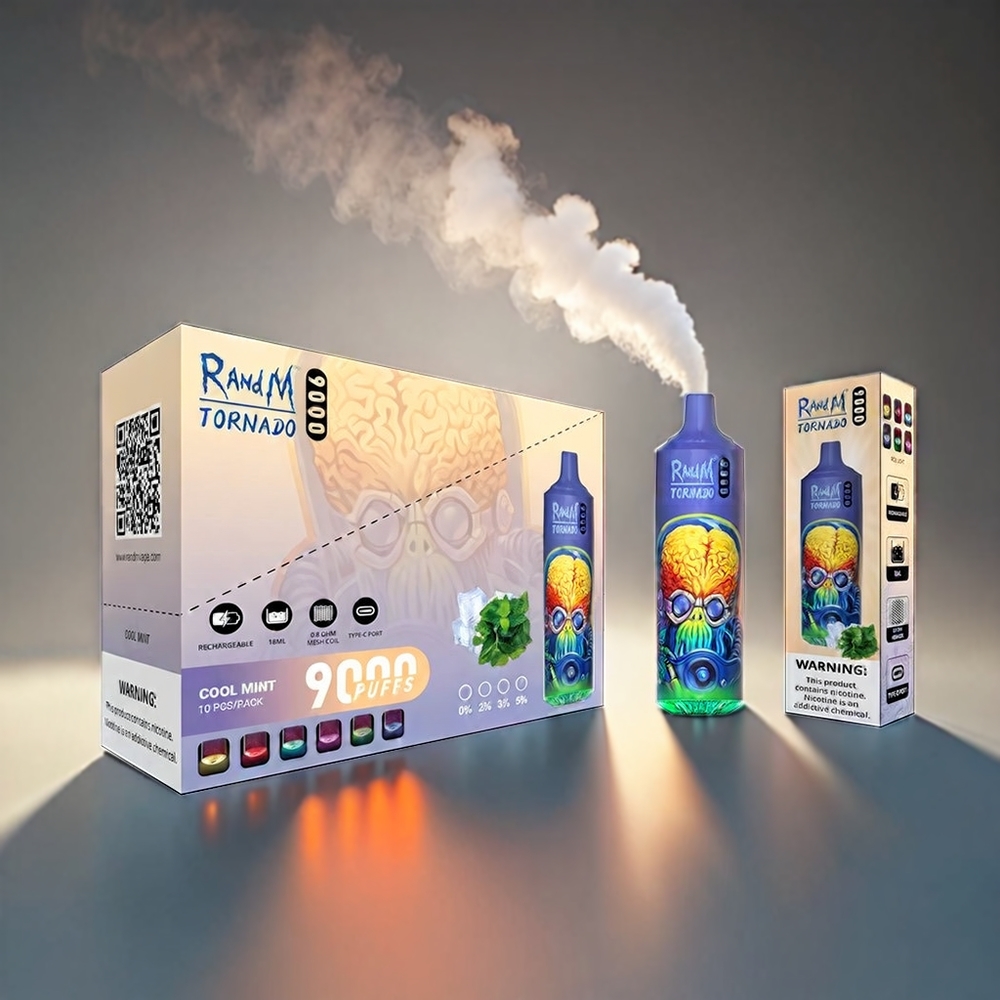 Fumot RandM Tornado 9000 Puffs 850 mAh 18 mL Mesh Coil RGB Display 54 Smagsvarianter Cool Mint Engros Danmark