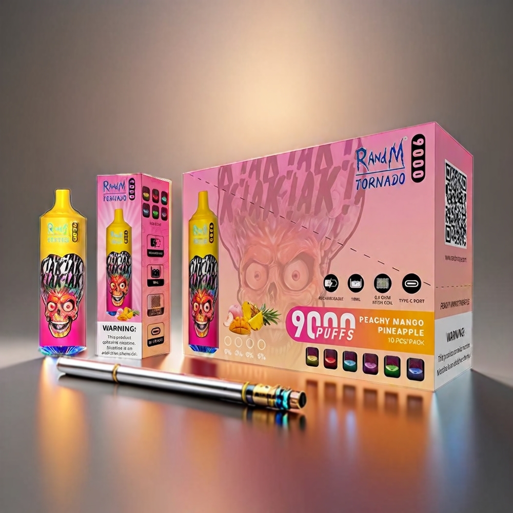 Fumot RandM Tornado 9000 Puffs 850mAh 18mL Mesh Coil RGB Display 54 Aromater Peberfrugt Mango Ananas Engros Danmark
