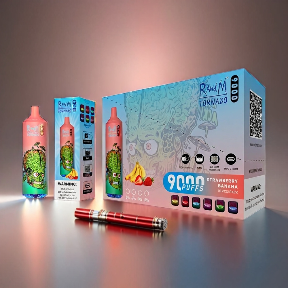Fumot RandM Tornado 9000 Puffs Jordbær Banan Mesh Coil 18 mL 850 mAh RGB Display 54 Smage Engros Danmark