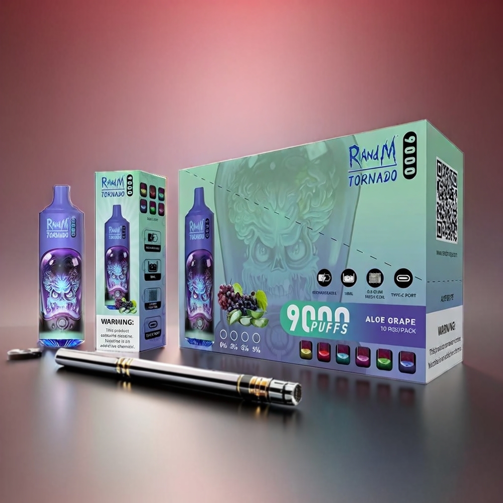 Fumot Randm Tornado 9000 Puffs 54 Smage Mesh Coil RGB Display 18mL 850mAh Aloe Grape Engros Danmark