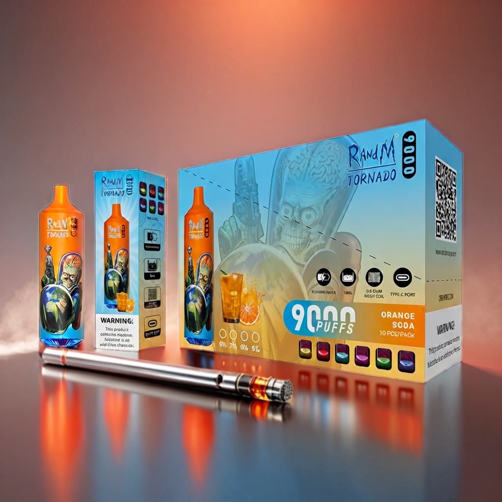 Fumot Randm Tornado 9000 Puffs 850 mAh 18 mL Mesh Coil RGB Display 54 Smager Appelsin Sodavand Engros Danmark