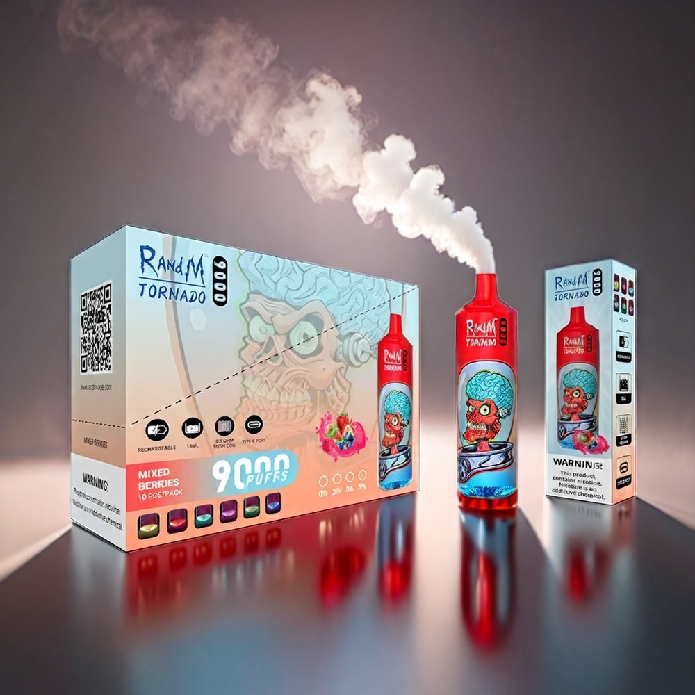 Fumot Randm Tornado 9000 Puffs 850 mAh 18 mL Mesh Coil RGB Display 54 Smagsvarianter Blandede Bær Engros Danmark