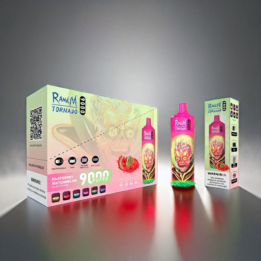Fumot Randm Tornado 9000 Puffs 850 mAh 18 mL Mesh Coil RGB Display Hindbær Vandmelon Engros Danmark