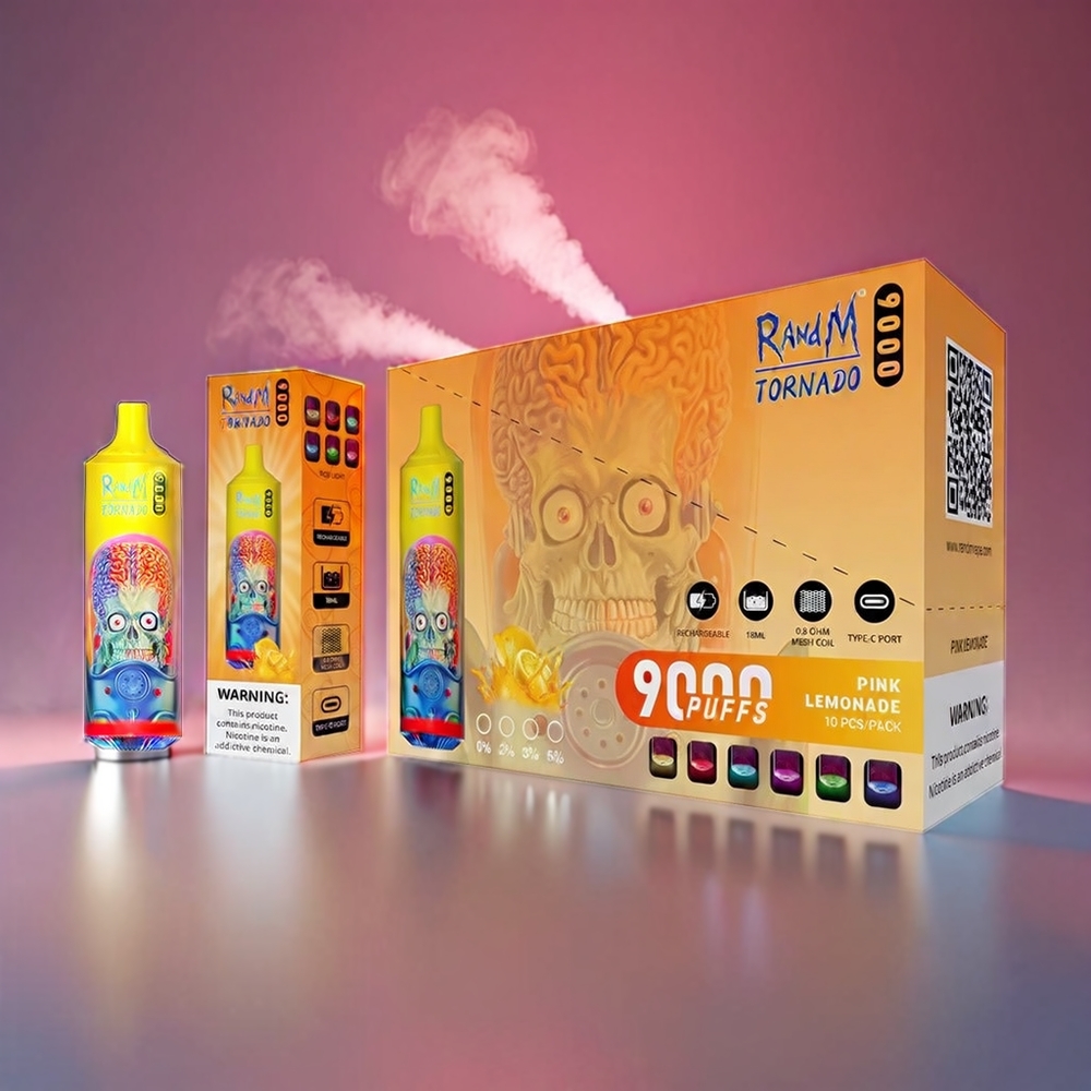 RandM Tornado 9000 Puffs 850 mAh 18 mL Mesh Coil RGB Display 54 Smagsvarianter Lyserød Lemonade Engros Danmark
